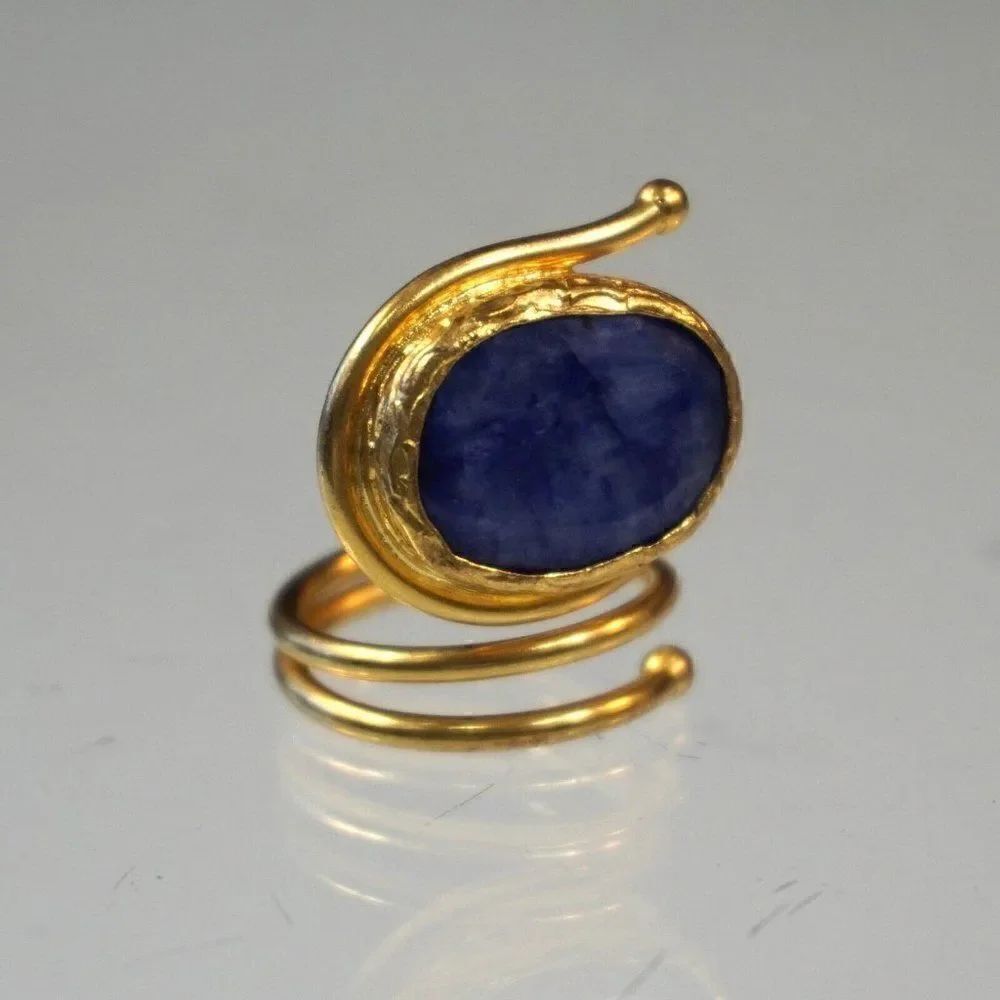 Statement Ring Open Loop Wrap With Blue Stone Inlaid Size 7.5